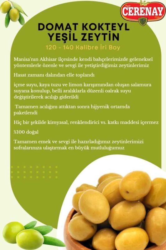 1 KG Domat Çizik Kokteyl Yeşil Zeytin İri Boy 121-140 Kalibre - 4